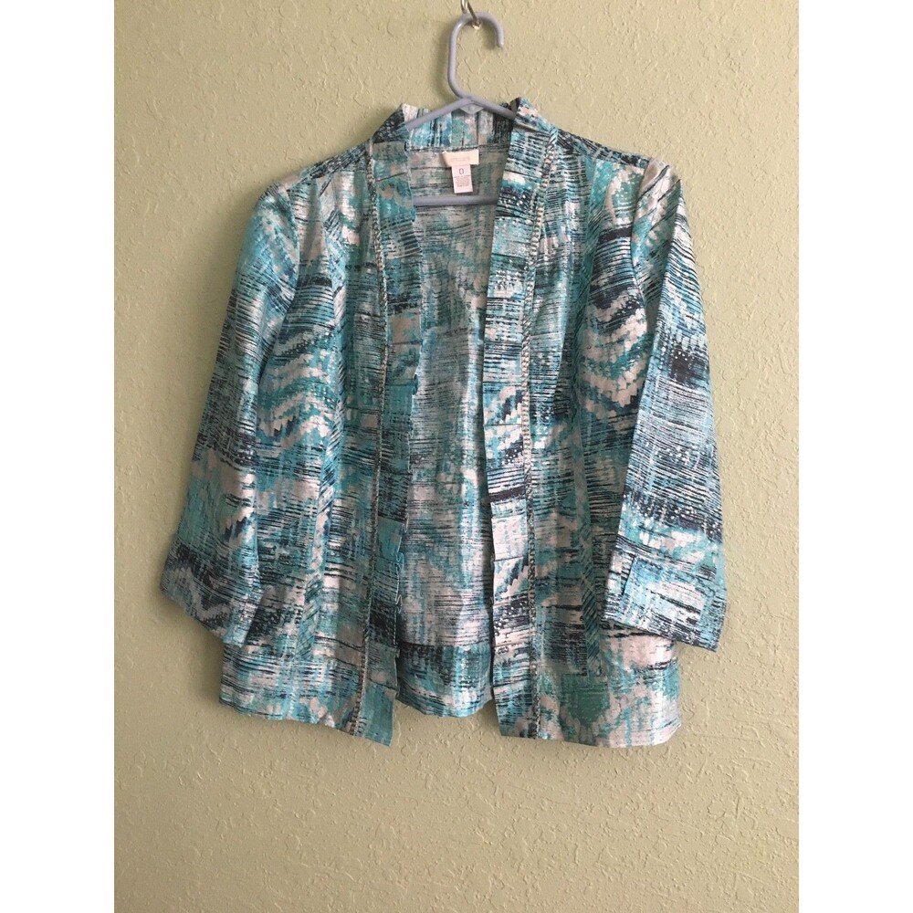 CHICO"S 0 XS-S LINEN BLEND SILVER BLUE RUFFLE BEADED OPEN COLLAR JACKET NWOT